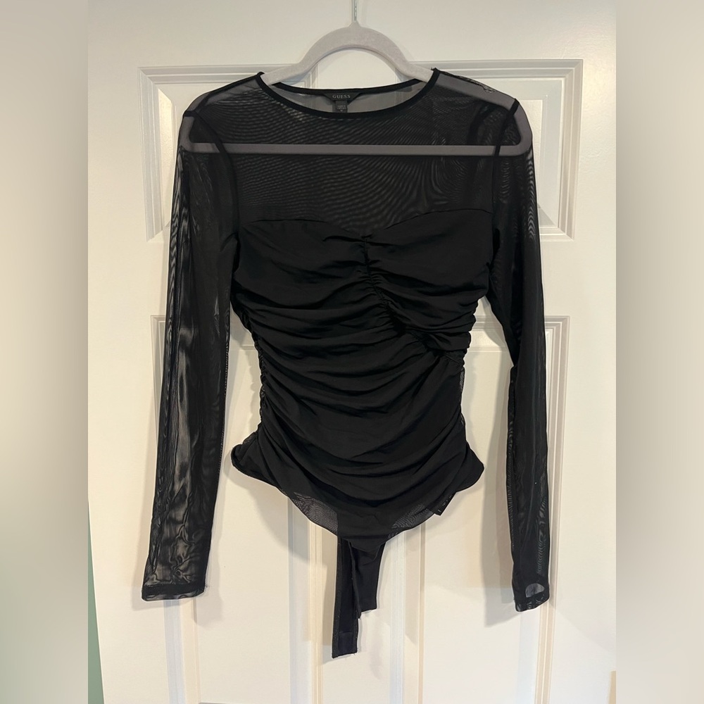 GUESS Black Sheer Ruched Long-Sleeve Bodysuit